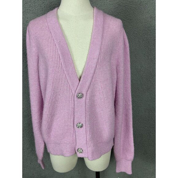 On 34th Women's Puff-Sleeve Jewel-Button Ribbed Cardigan Sweater Pink Medium NWT - Picture 2 of 8
